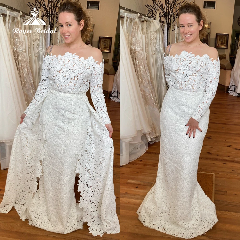 

Boho Boat Neck Long Sleeve Back Button Split Full Lace Removable Tail Sexy Mermaid Wedding Dress For Women Bride Gown Sweep Robe