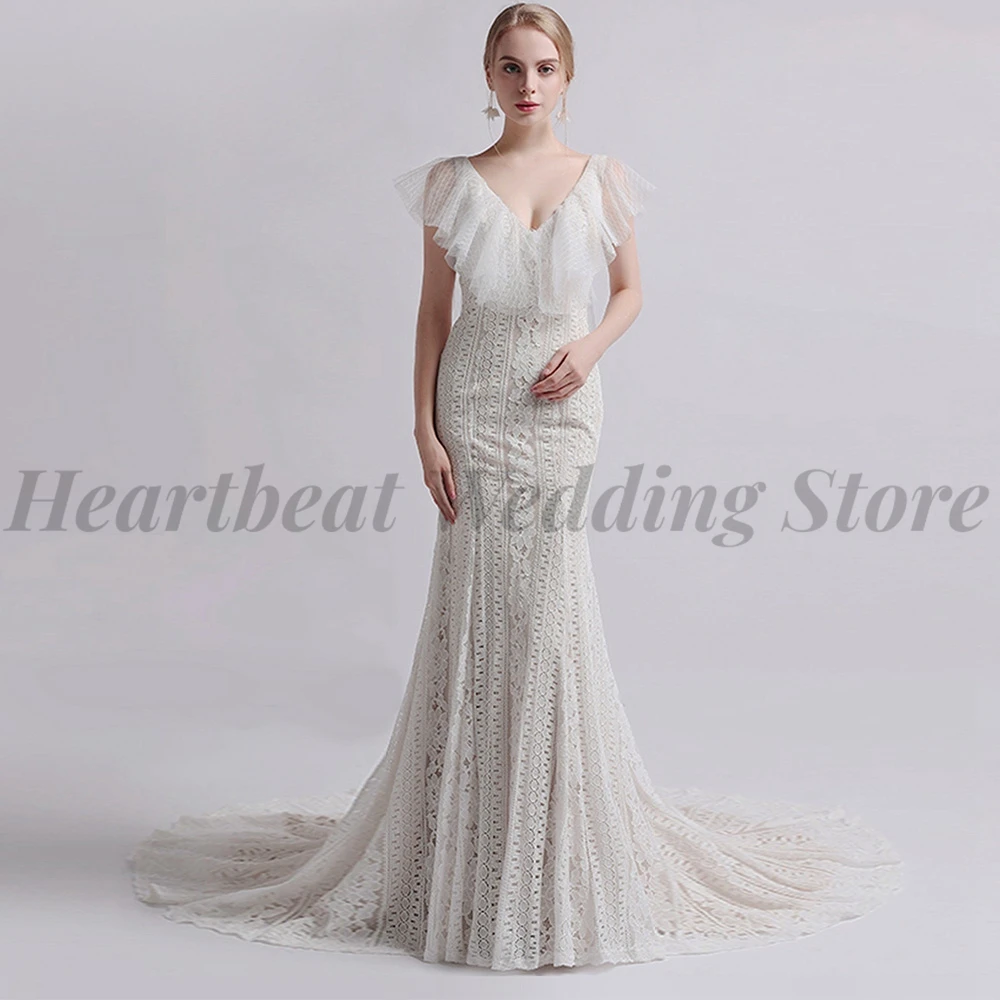 

Elegant Boho Tulle Wedding Dresses Ladies with Ruffles Backless V-Neck Lace Sweep Train Short Sleeve Mermaid Robe De Mariee