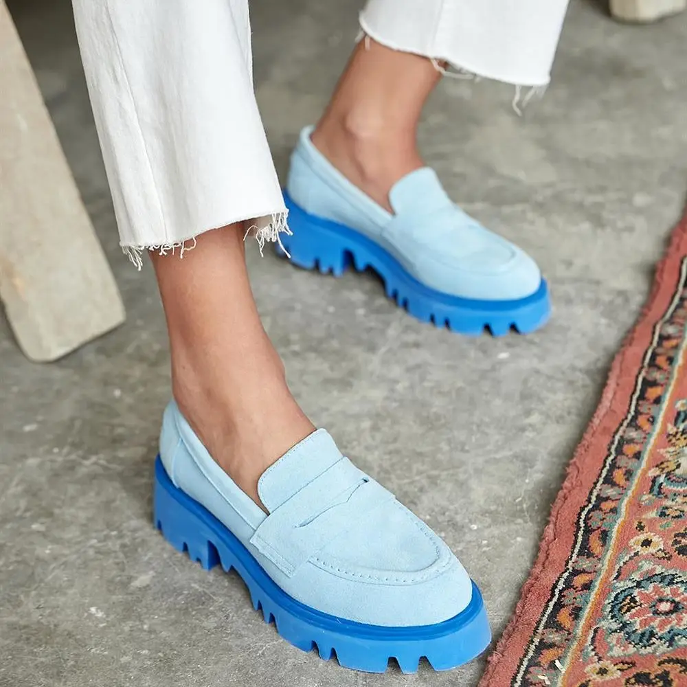 Aysu Quality Genuine Leather Flat Platform Light Sole Loafer Poshnmore Gold Silver Orange Green Blue Pink Fuchsia Smoked Oxford