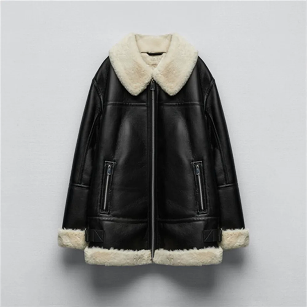 

PB&ZA autumn new women's fashion commuter black pocket with faux fur effect stitching double-sided jacket 0086/221