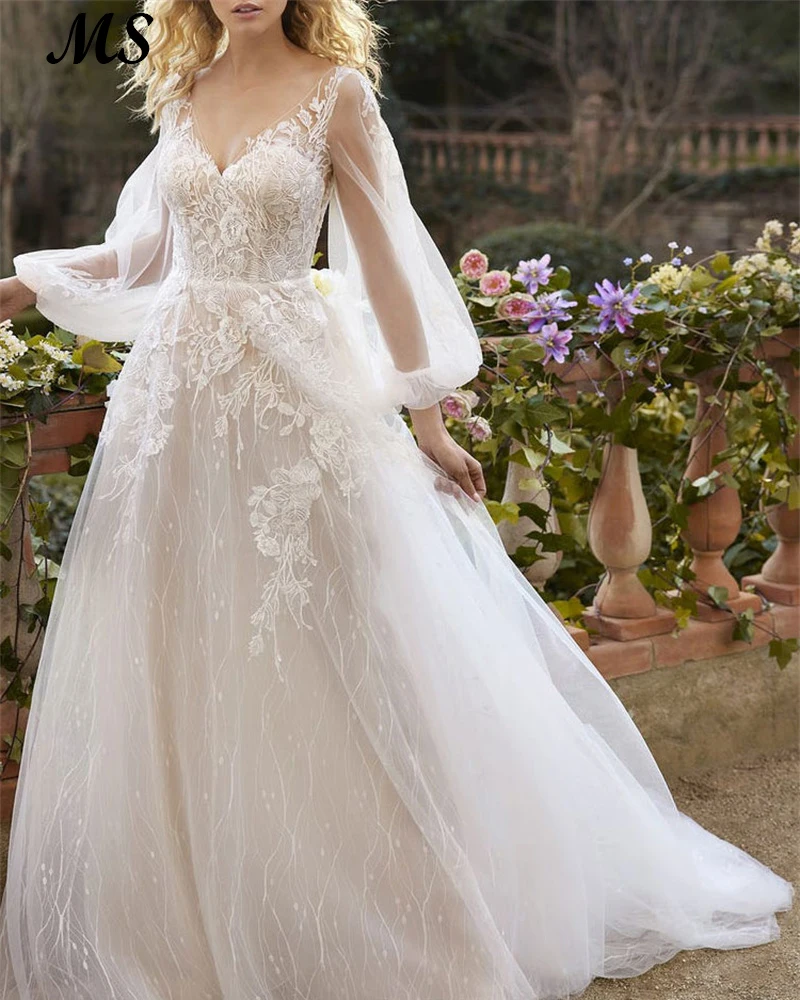 

MS Ivory Boho Wedding Dress With Train A Line Puff Sleeves V Neck Backless Lace Appliques Bridal Gown Robe De Mariee Custom Made