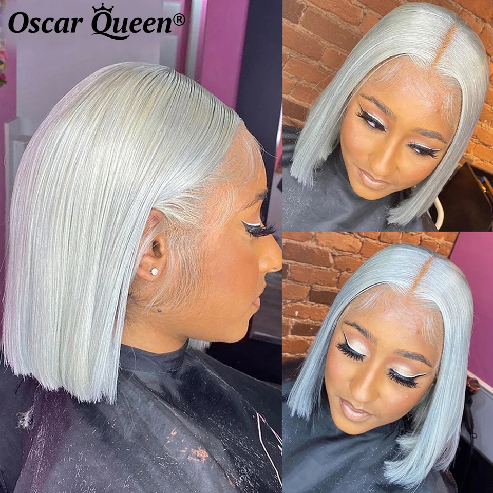 

Transparent Lace Short Bob Lace Front Wig Human Hair Grey Colored Pre Plucked 13x4 Lace Front Human Hair Wigs For Women Bang Wig