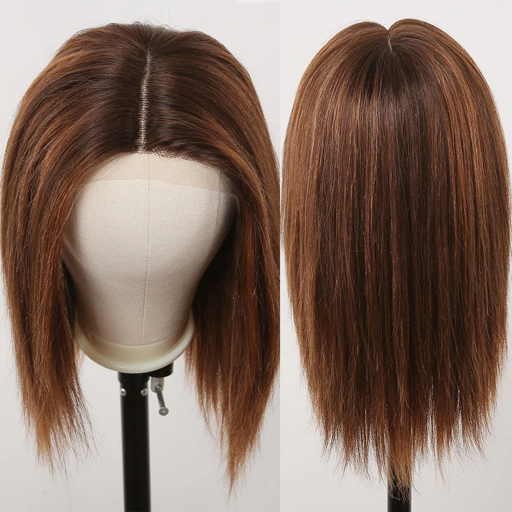 Highlight Ginger Brown Human Hair Lace Front Wig Mixed Golden Shoulder Long Middle Part Straight Bob Wigs for Women