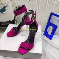 Suede Rosy Red Thin Heel Sandals Square Toe Ankle Strap High Heel Runway Fashion Women Dress Shoes Solid Black Brown Sandals