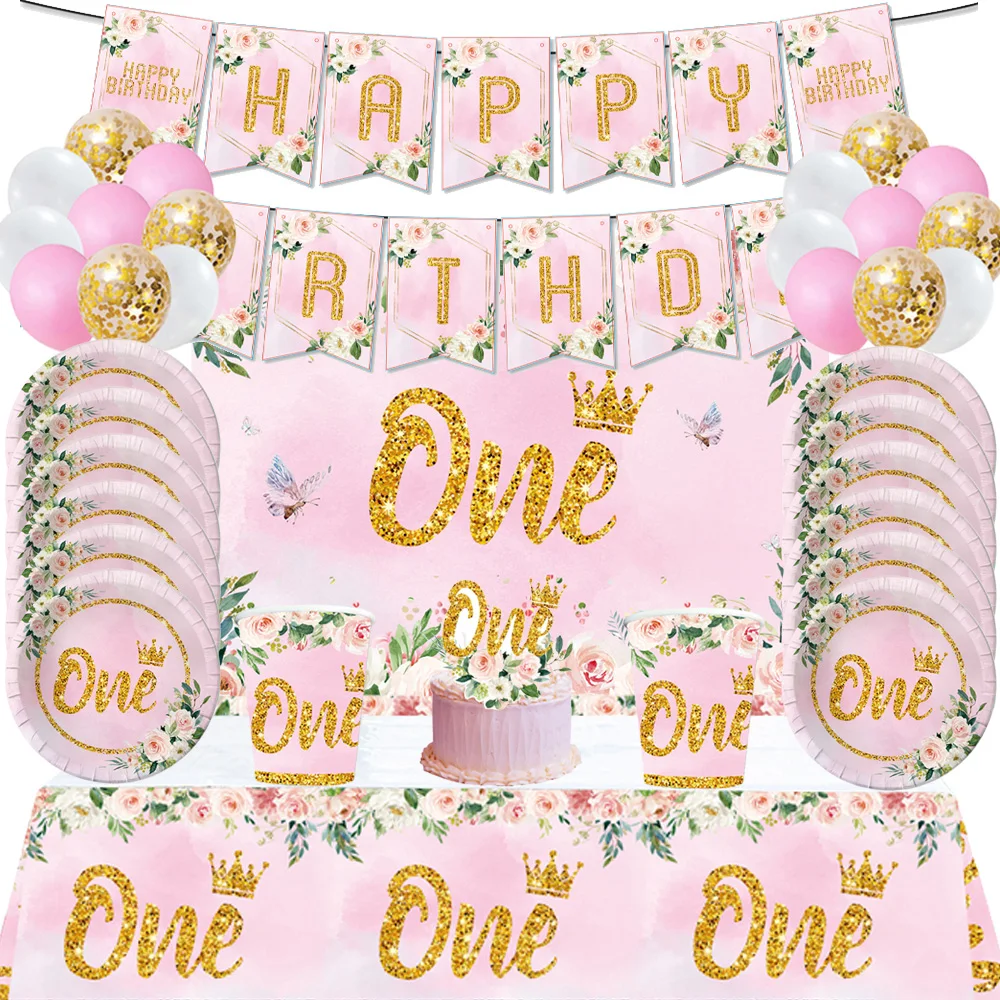 

One First Happy Birthday Party Decorations Disposable Tableware Pink Plates For Baby Shower 1 Year Old Birthday Party Supplies