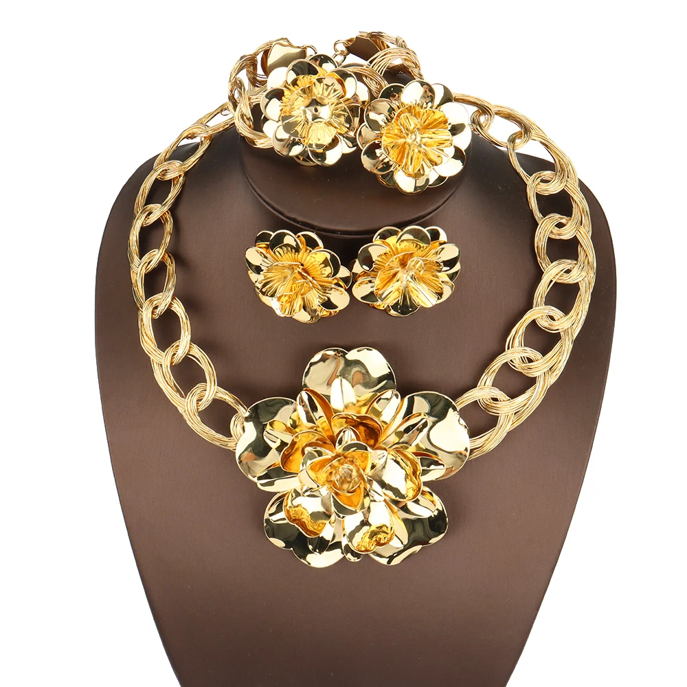 

Luxury Jewelry Set Nigeria Party Gold Color Flower Jewelry Sets Necklace Bracelet Earrings Ring Jewelry Dubai Bridal Weddings