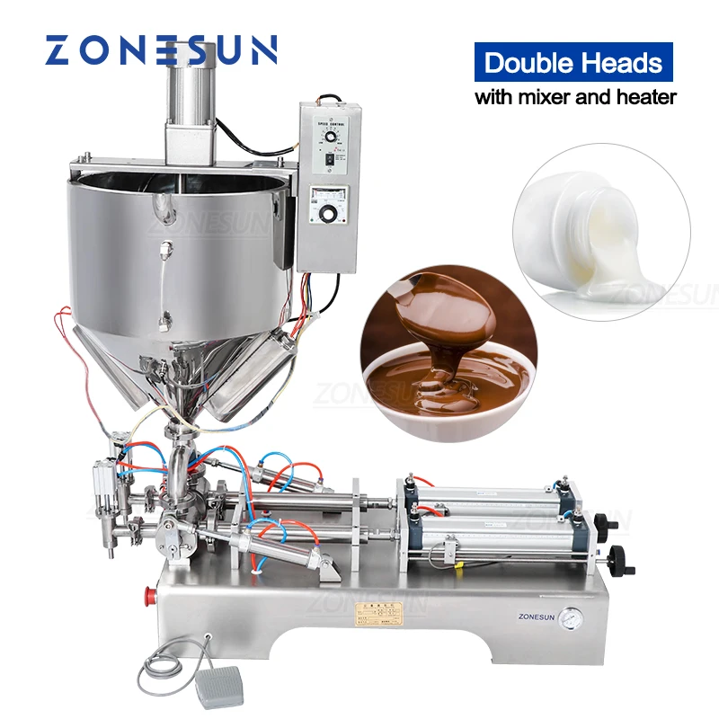 ZONESUN خلط مع سخان حشو لزج السائل معجون الشوكولاته صلصة معدات ماكينة تعبئة زجاجات ZS-GT2M