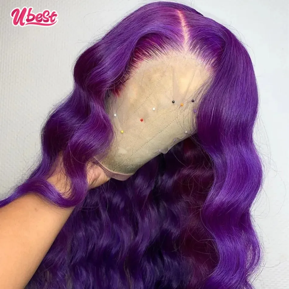 Ubest Violet Purple 13X6 Body Wave Lace Front Wig 30Inch Brazlian Human Hair Wigs Purple and Dark Transparent Lace Frontal Wig