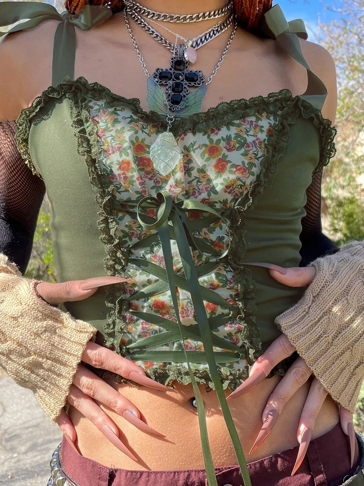 

InsDoit Y2K Gothic Floral Green Summer Camis Women Streetwear Lace Up Patchwork Sexy Crop Top Punk Slim Sleeveless Fashion Tops