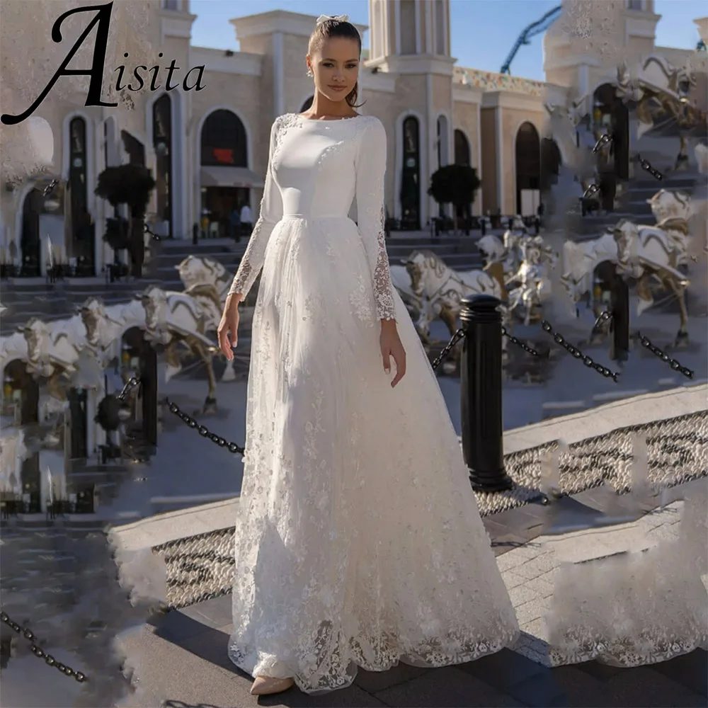 

Graceful Scoop Neck Wedding Dress Musl Lace Long Sleeves Appliques Bridal Gown Zipper Back Elegant Sweep Train Vestidos De Novia