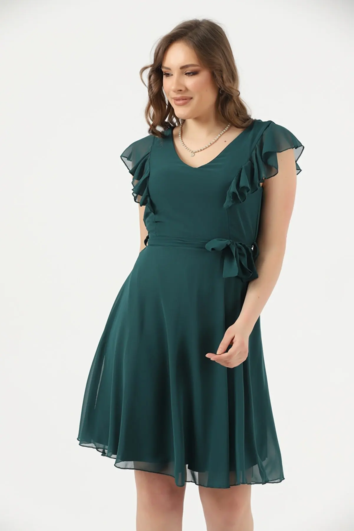 

Ceylen Chiffon Front Back V-Neck Shoulders Front To Back Flounces Circular Mini DressTrend Fashion Style Skin Body Care Love Free