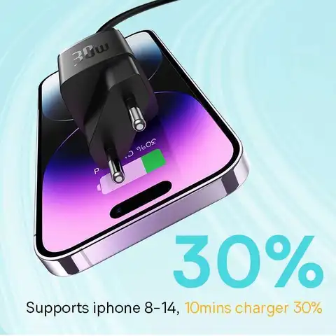 Быстрое Зарядное Устройство Baseus 30 Вт GaN PD Для IPhone 15/14/13/12/11/Xs Max Type-C Дорожный Адаптер QC3.0