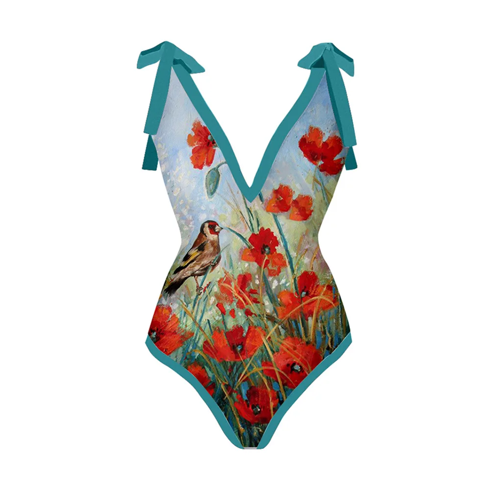 Retro V-Neck Bow Tie Bikini Suit Women's Slim Sexy Backless Beachwear High Waist Elegant Seamless Stitching 2022 Fashion New