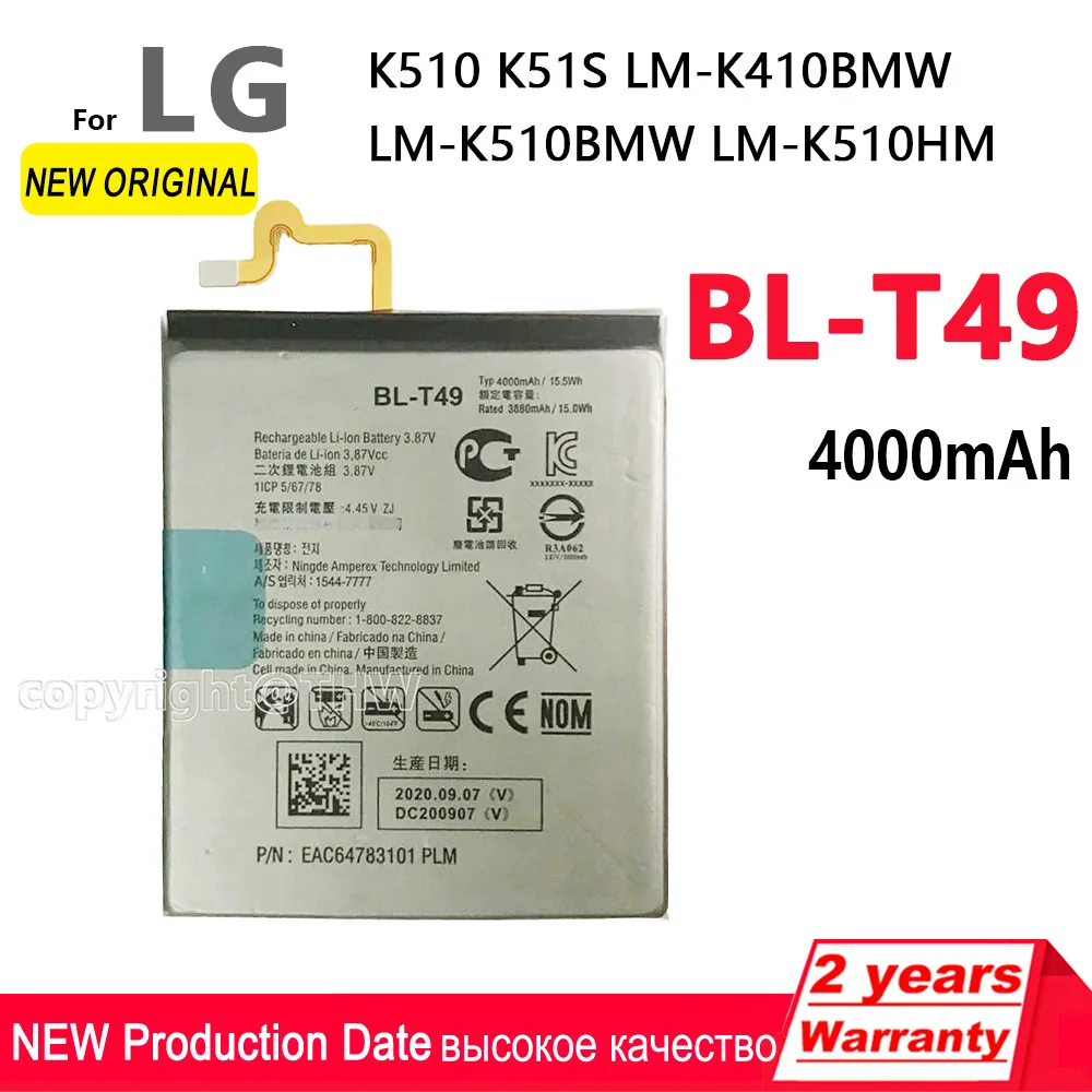 

100% Original 4000mAh BL-T49 Battery For LG K510 K51S LM-K410BMW LM-K510BMW LM-K510H Phone Batteries With Tracking Number