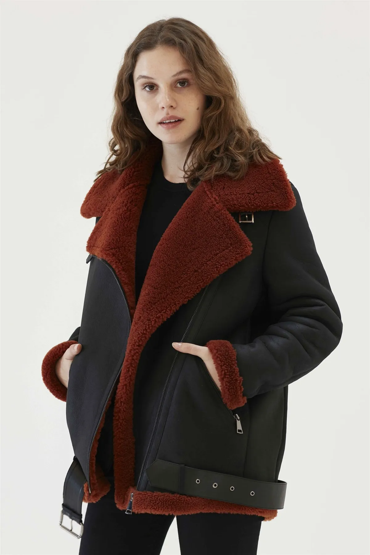 Women's Oversize Black Tile Fur Leather Jacket Genuine Lambskin Winter Coats Keep Warm New Season Fashion Products Casual Wear