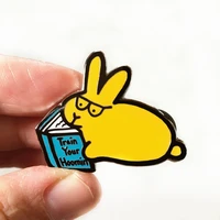 train your hoomin hard enamel pin kawaii cartoon rabbit reading book cute animal bunny metal brooch fashion badge jewelry gift