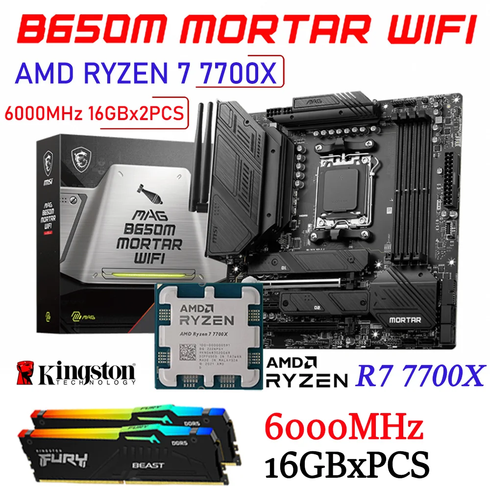 

Socket AM5 MSI MAG B650M MORTAR WIFI DDR5 USB 3.2 Gen Motherboard+AMD Ryzen 7 7700X Processor+Kingston 6000MHz 32GB RGB Memory