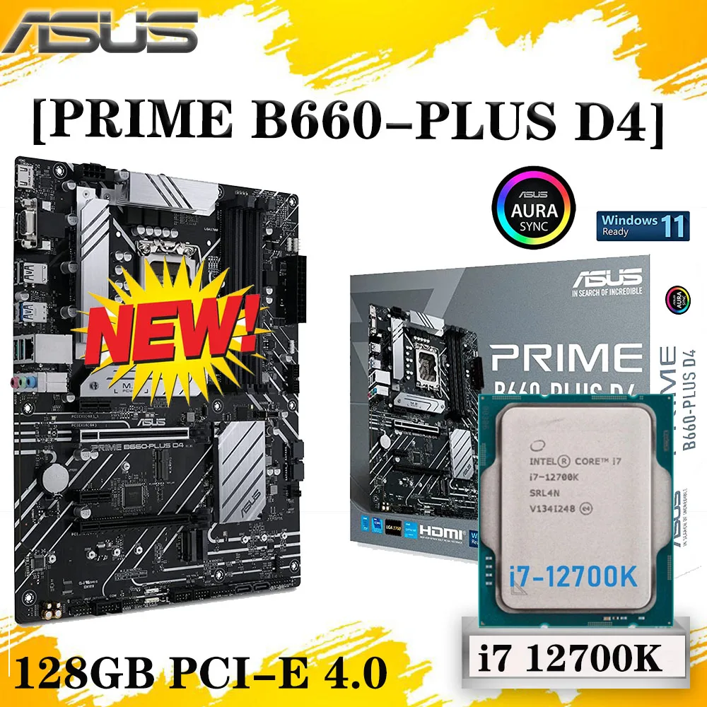 

LGA 1700 ASUS PRIME B660-PLUS D4 Motherboard Set Combo+ i7 12700K DDR4 128G PCI-E 4.0 12th-Gen Intel B660 ATX Placa-mãe Kit New