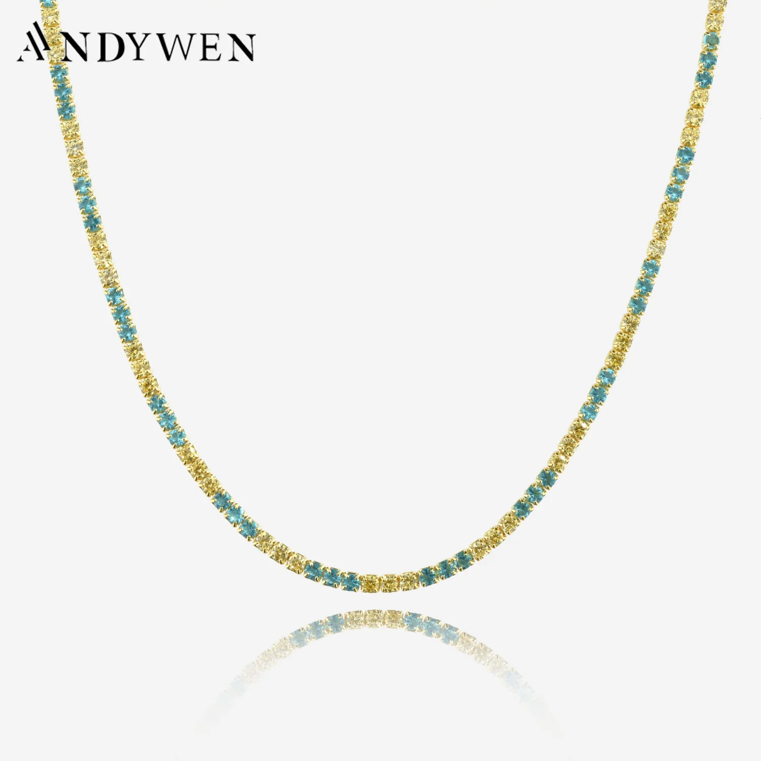 ANDYWEN 925 Sterling Silver Gold Yellow Blue Zircon CZ 2mm Tennis Chain Choker Necklace Women Party Birthday Gift Free Shipping