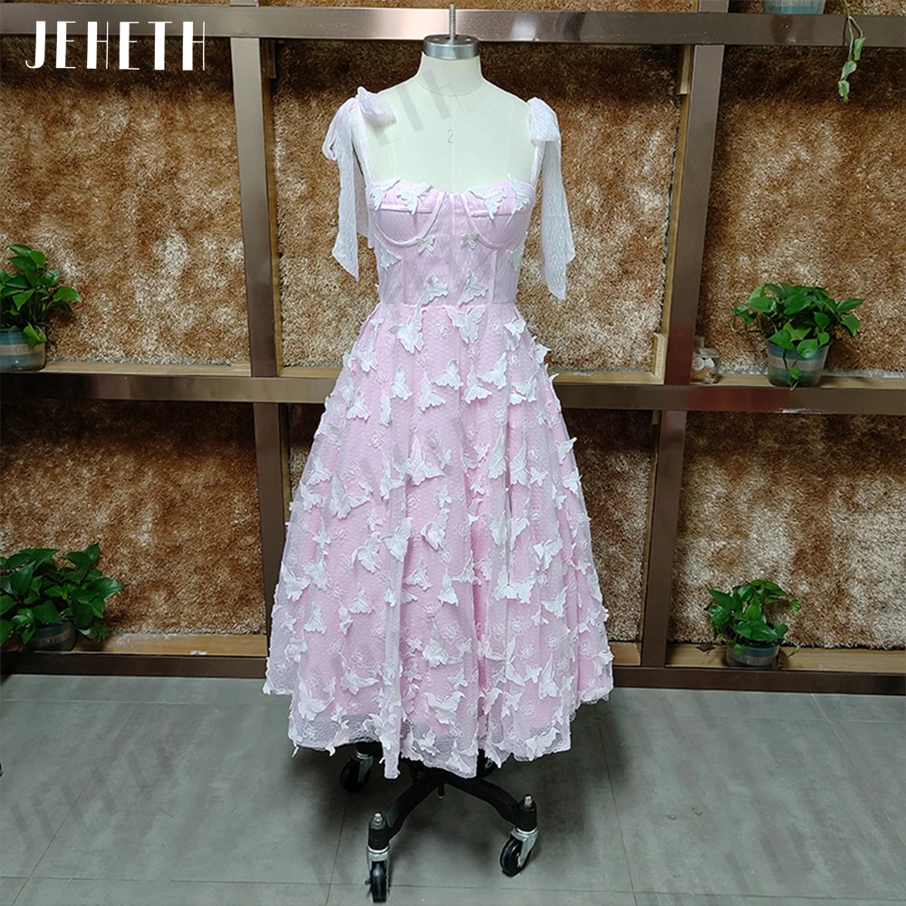 

JEHETH Prom Dresses Pink Women Butterfly Tea Length Party Spaghetti Straps Open Back Evening Gowns Sweetheart Vestidos De Fiesta