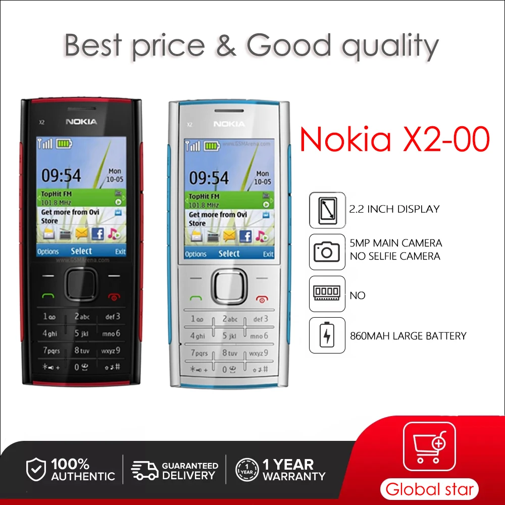 Nokia X2-00ปลดล็อก2.2นิ้ว5MP Removable Li-Ion 860 MAh แบตเตอรี่โทรศัพท์มือถือ2G