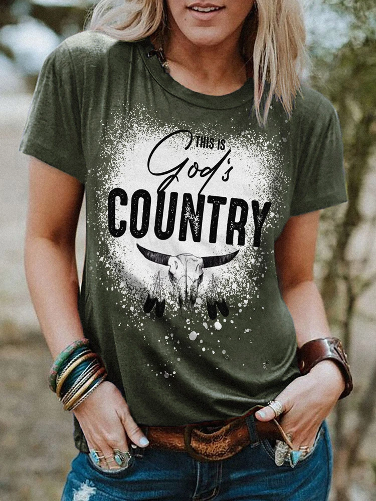 

T-Shirts Women This is God's Country Steer Skull Bleached T Shirts Western Cowboy Bleached Tshirt Cowgirl Rodeo Casual Tee Tops