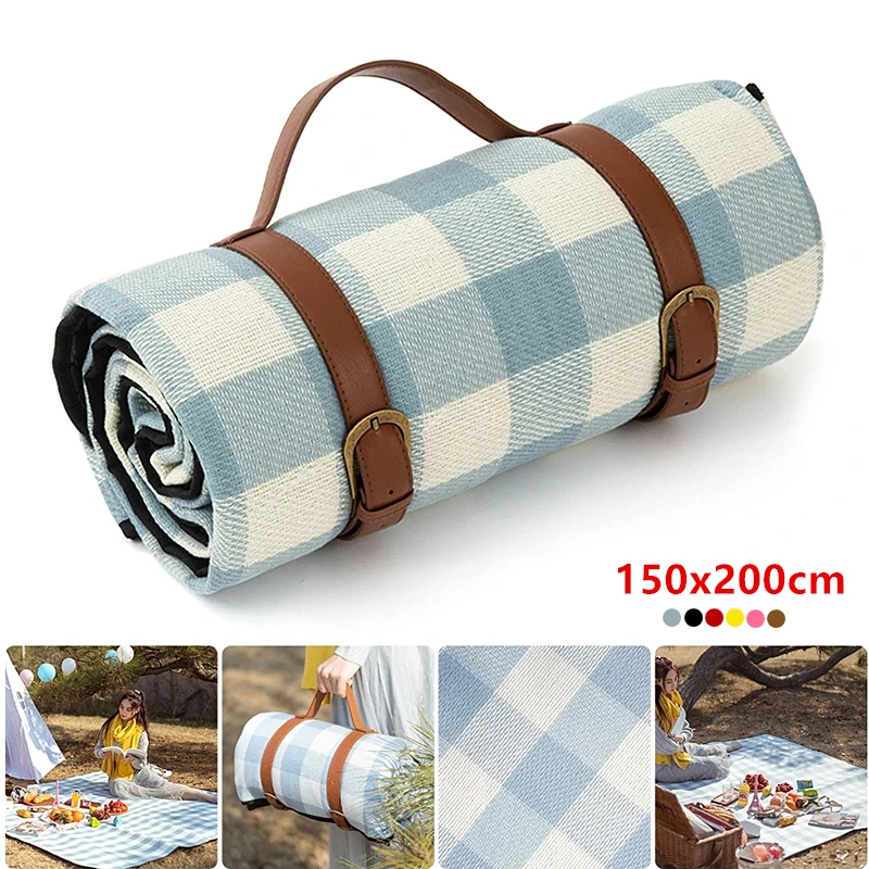 150*200cm Picnic Camping Bay Play Mat Plaid Blanket Moisture-proof Outdoor Picnic Mattress Beach Mat Cushion with Leather Strap