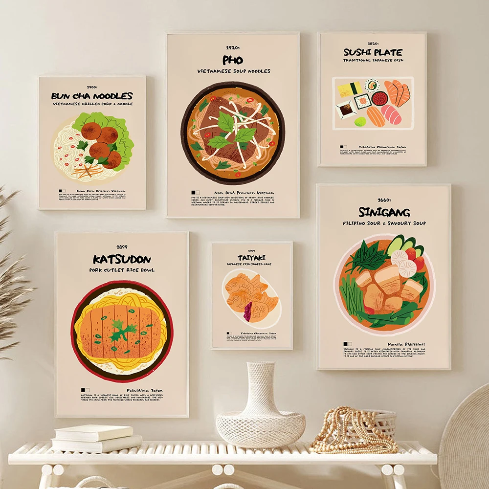 

Trendy Sushi Bun Cha Noodles Taiyaki Poster Japanese Vietnamese Asian Food Retro Wall Art Modern Kitchen Decor Print Paintings
