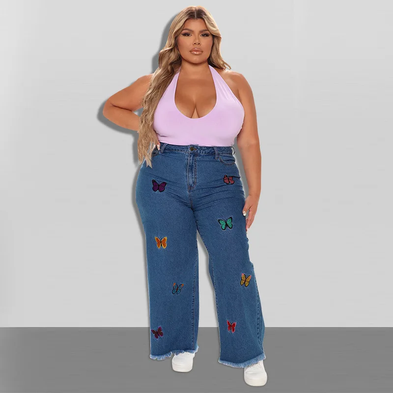 

Fashion High Waisted Plus Size Butterfly Embroidery Raw Hem Wide Leg Jean S-5XL Patched Slant Pocket Oversized Denim Trousers