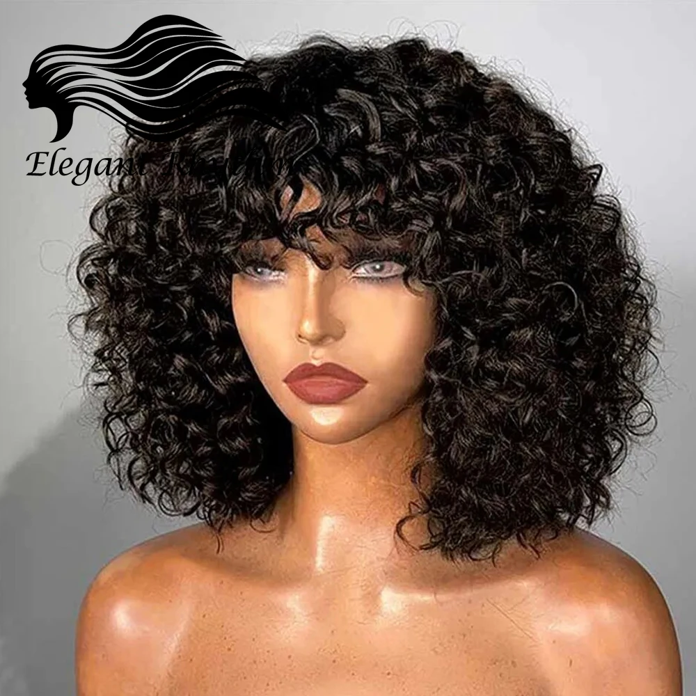 

Кудрявые безклеевые парики из человеческих волос челки для чернокожих женщин полностью машинная работа готовые к ношению кудрявые парики с челкой Pelucas