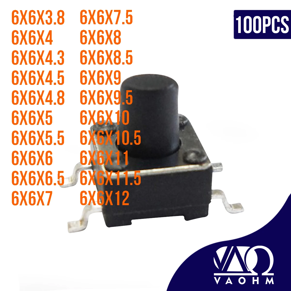 100 шт. 6x6x4,3 6x6x4,5 6x6x5 6x6x6,5 6x6x7 6x6x7,5 6x6x8 6x6 тактовый переключатель SMD 8,5 6x6x9 6x6x10 6x6x11 6x6x12 6x6x15 6 мм