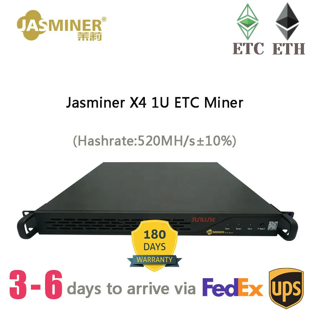 

New Jasminer X4 1U Miner 520mh/s Hashrate ETC ETH miner 180 Days warranty
