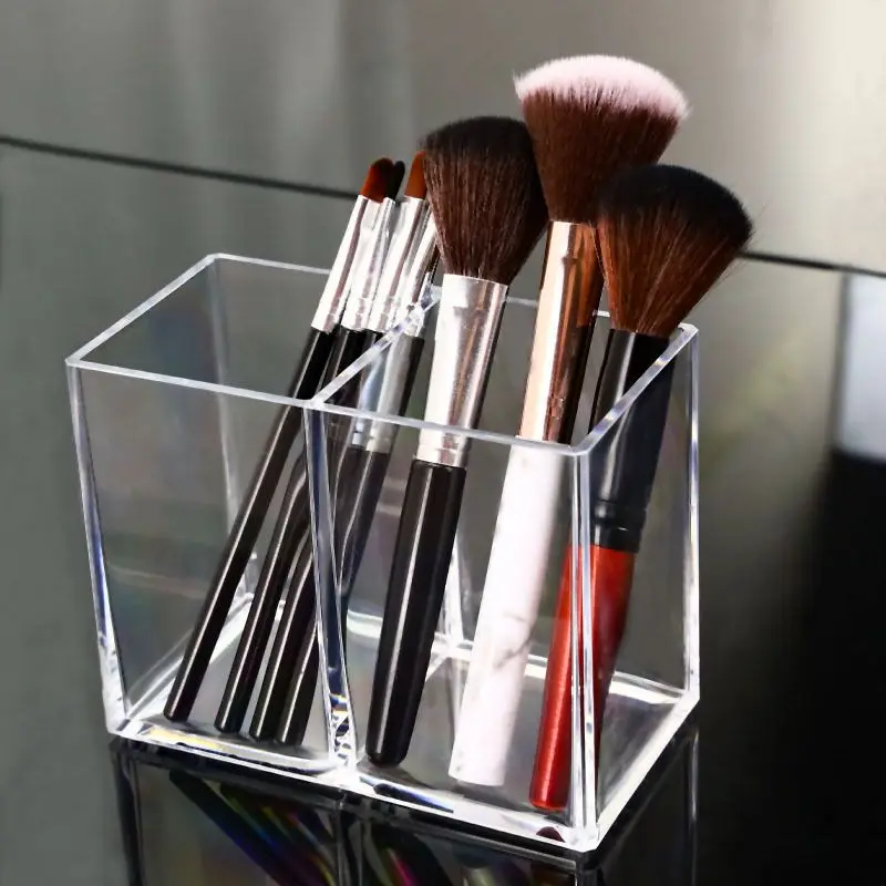 

Organizer Box 2 Grids Acrylic Makeup Brush Storage Tube Clear Storage Box Student Desktop Organizer Square Pen Holder