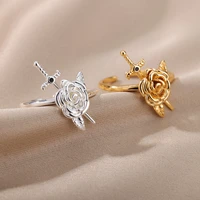 stainless steel rose and sword design ring for women men black zircon open rings adjustable finger ring engagement jewelry gift
