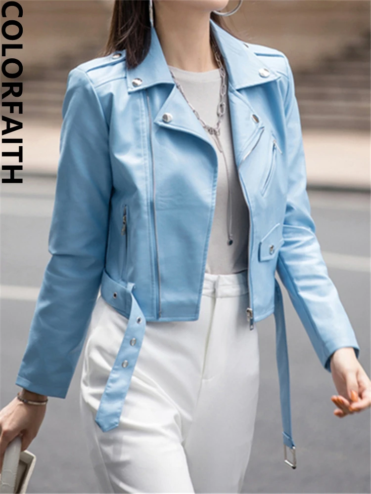 

Colorfaith New 2022 Vintage Outerwear England Style Faux Leather Chic Short Tops Autumn Winter Women's Leather Jackets JK1708