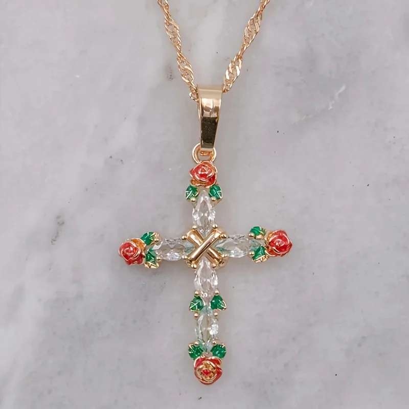 1 шт. женское ожерелье с подвеской в виде креста и розы