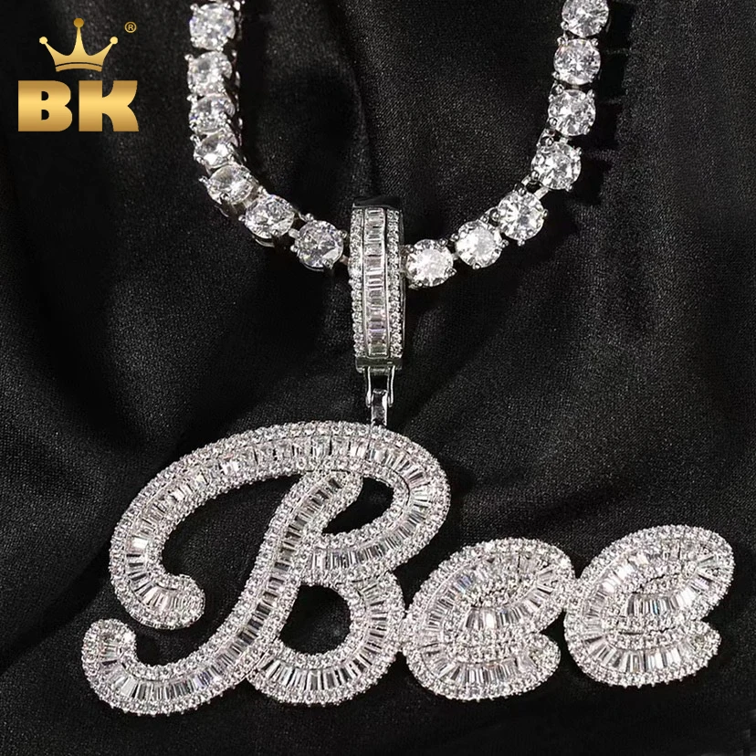 THE BLING KING Custom Brush Cursive Letter Name Pendant Necklace Iced Out Bageutte Cubic Zirconia Chain Necklace Hiphop Jewelry