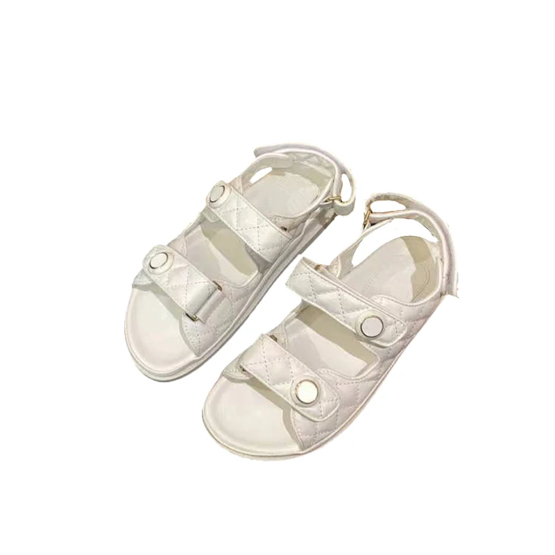 2023 new high quality women's sandals luxury designer beach summer mesh round toe flat thickened plaid leather daddy sandals