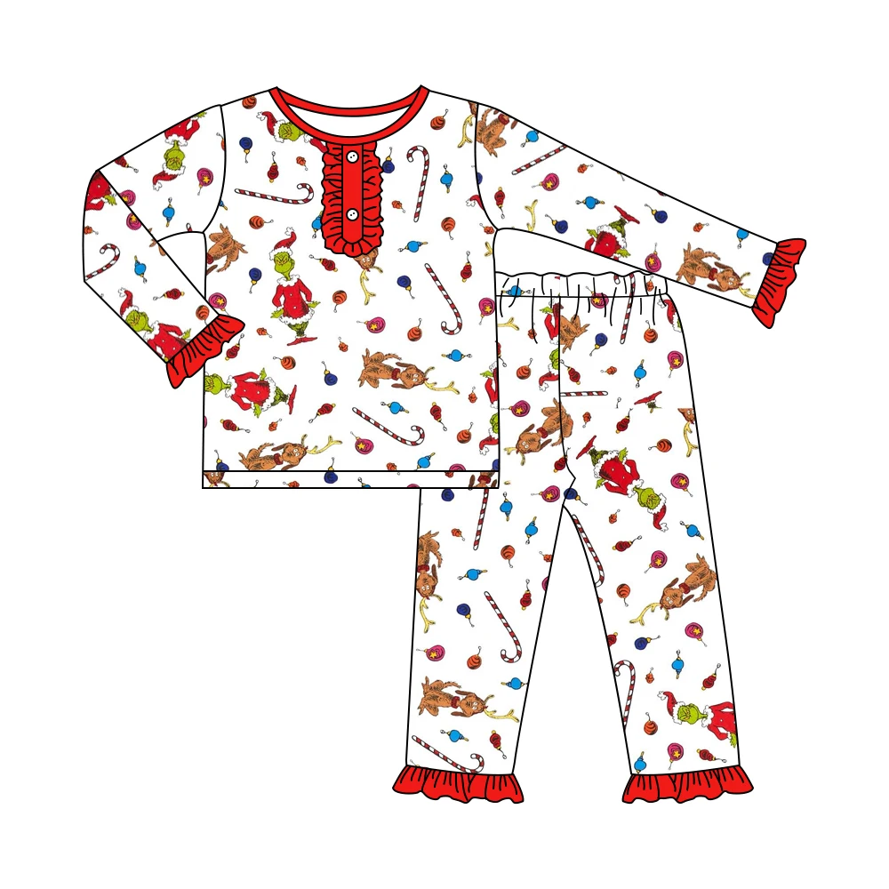 Conjunto de ropa de Navidad para niñas, Camisón con estampado de Grinch, camisetas, pijamas, pantalones largos florales rojos para 1-8T, 2022