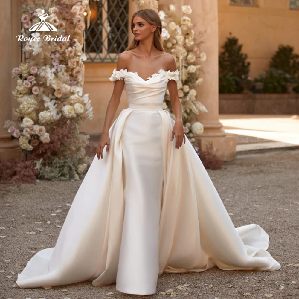 

Sexy Mermaid Wedding Dresses Off the Shoulder V-neck Elegant With Detachable Train Ball Gowns Back Lace Up Custom Made For Women