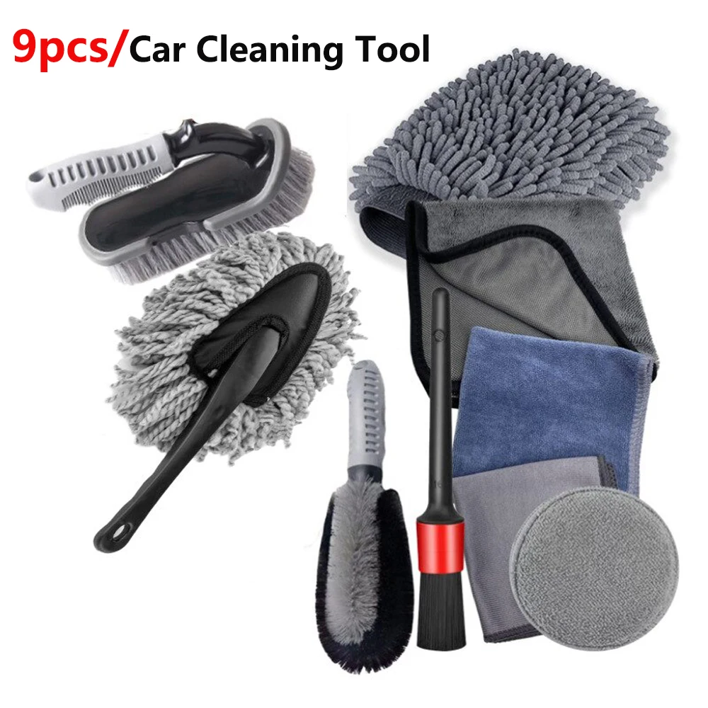 

9Pcs Car Grooming Car Wash Glove Polishing Waxing Sponge Wheel Hub Brush Tire Brush Car Cleaning Microfiber Towel Detailing