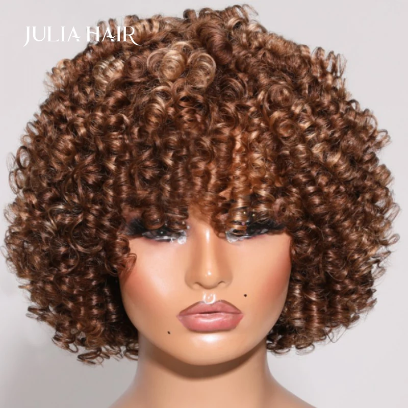 Julia Hair Glueless Bouncy Curly Short Bob Wig With Bangs Honey Blonde BOB Human Hair Wig Open Cap Spring Curly Machine Made Wig