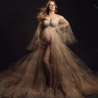 champagne tulle maternity dresses for photoshoot puffy sleeves front slit sweetheart long tulle robes for pregnant women