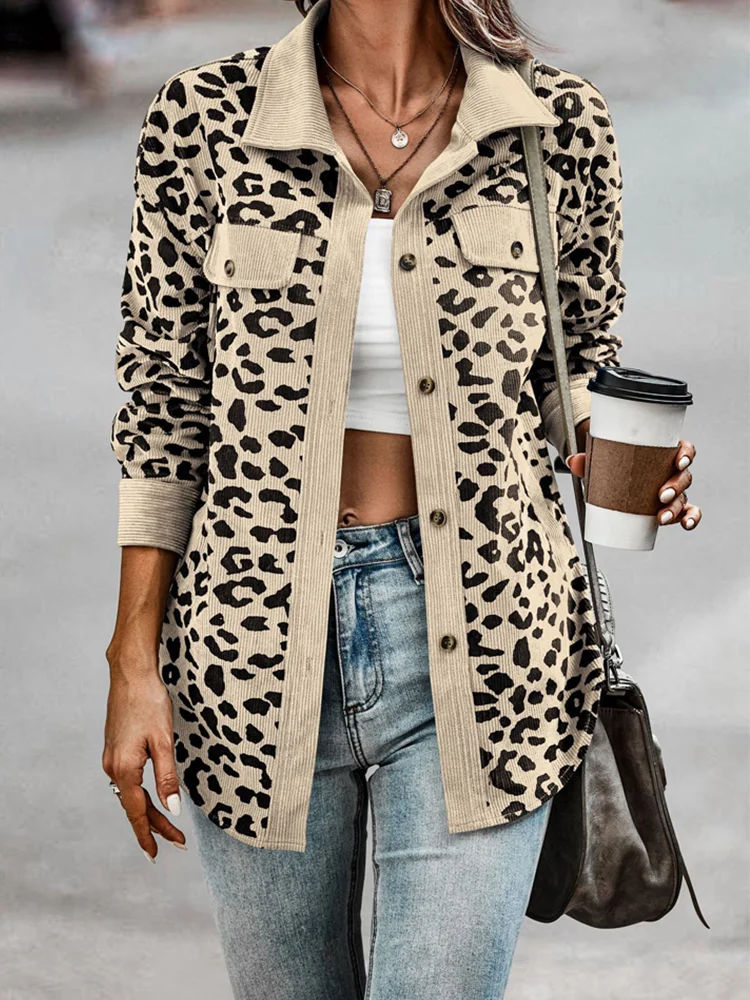 

New Fashion Print Leopard Women Polo Shirts Long Sleeve Basic Casual Female Jacket Corduroy Single Breasted Streetwear Blouse