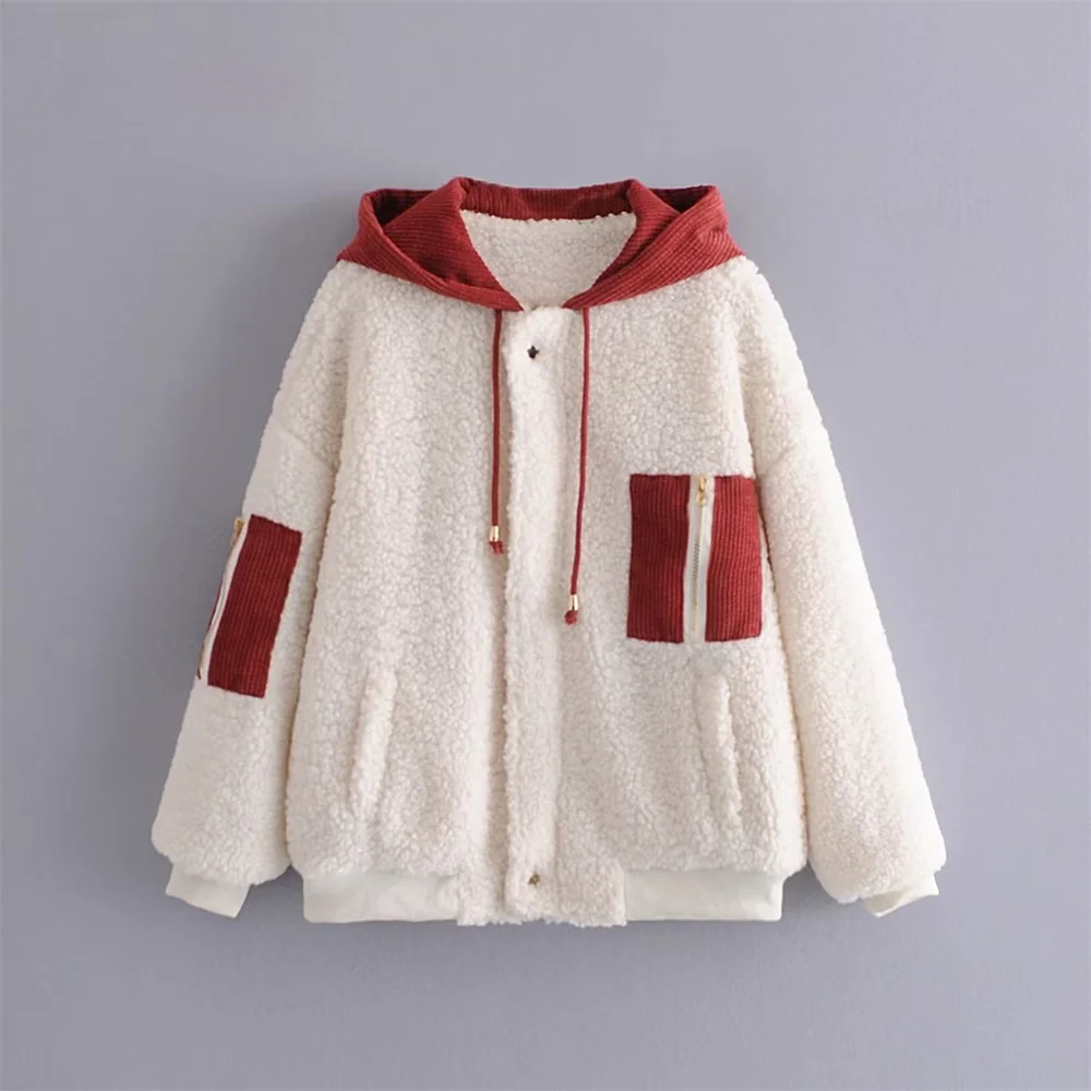 

Осенняя Новинка 2022, женская одежда PB & ZA, удобная и теплая флисовая куртка контрастных цветов с капюшоном и длинными рукавами