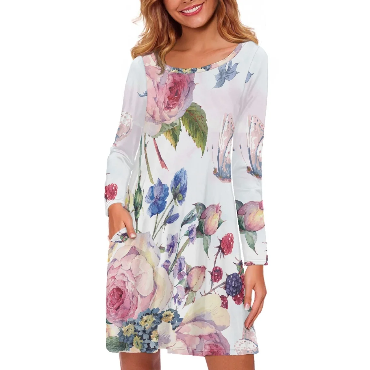 

FORUDESIGNS Trumpet Flower Long Sleeve Ladies Dress Floral Patterns Round Neck Dresses Spring Women's Outdoor Short Skirts