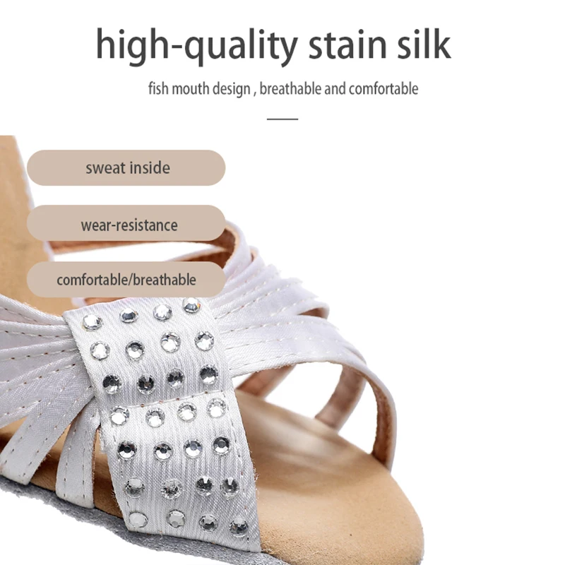 Woman Rhinestone Latin Dance Shoes White Stain Silk Ballroom Salsa Dancing Shoes Kids Soft Bottom Latino Shoes Heel 7.5cn/9cm