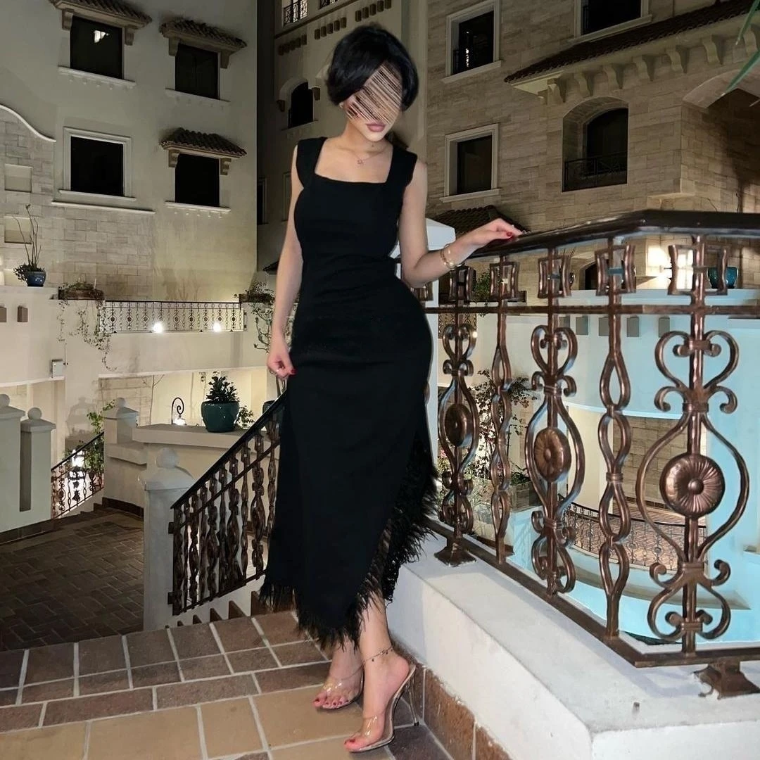 

Fairytale Square Collar Prom Dresses Sleeveless Thin Suspenders Fluffy Ankle-Length Zipper Up Wedding Party Black 2023