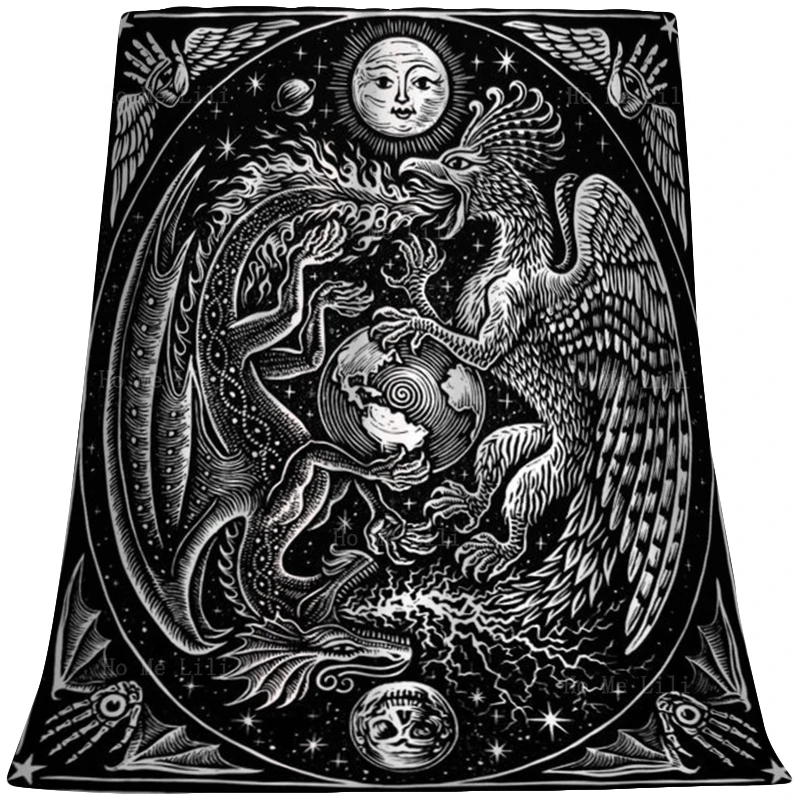 

Linocut Дракон Гриффин Инь Янь небесное сердце и руки Таро черная белая карта индивидуальный стиль фланелевое одеяло от Ho Me Lili