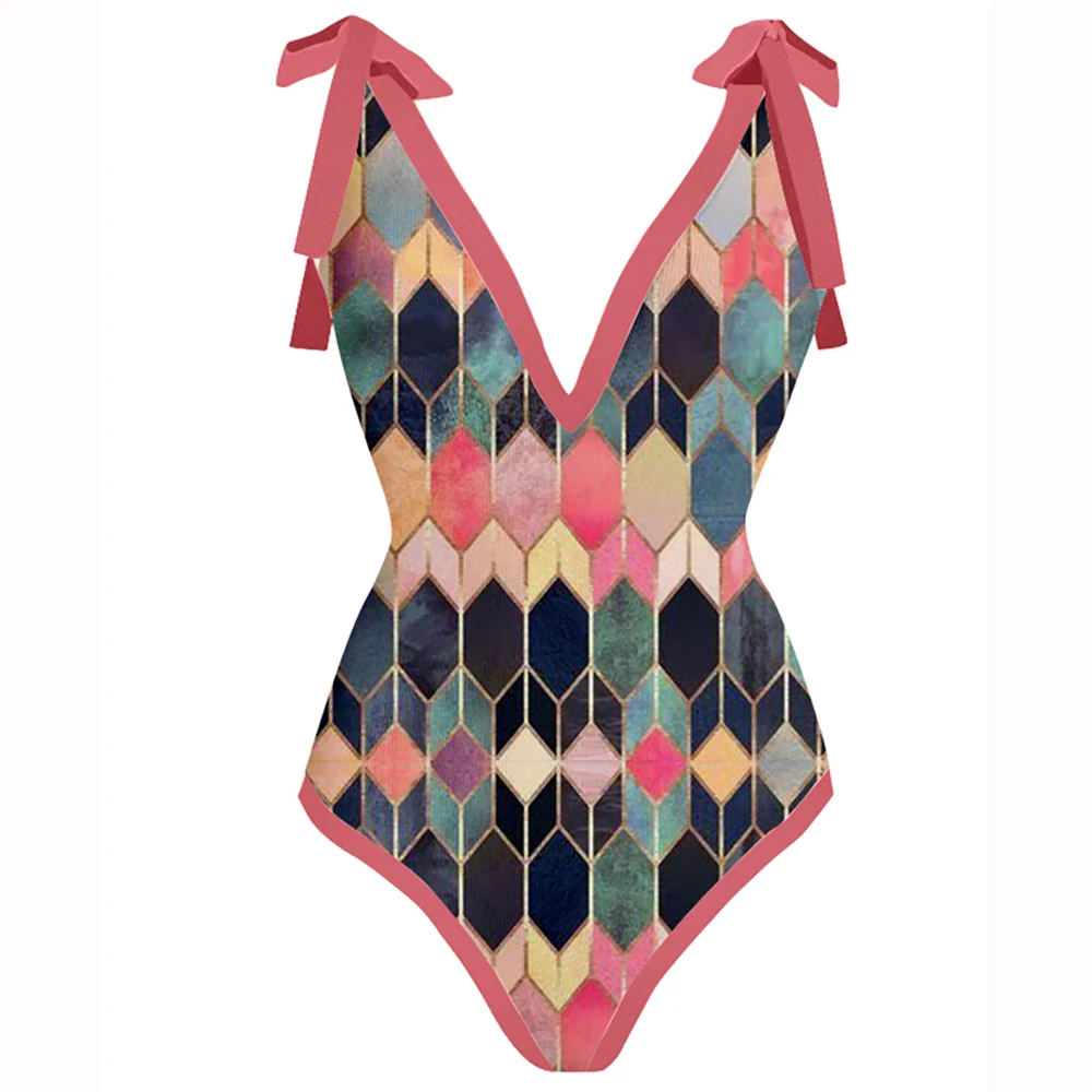 Fashion V-neck Colorblock Print One-piece Swimsuit and Skirt Panel Bikini Set Women Bathing Suit Retro Lace Up Swimwear Backless
